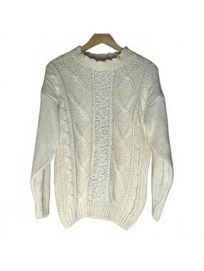 Vintage Carriage Court Cream Lace Cable Knit Sweater Medium 80s 90s Scalloped